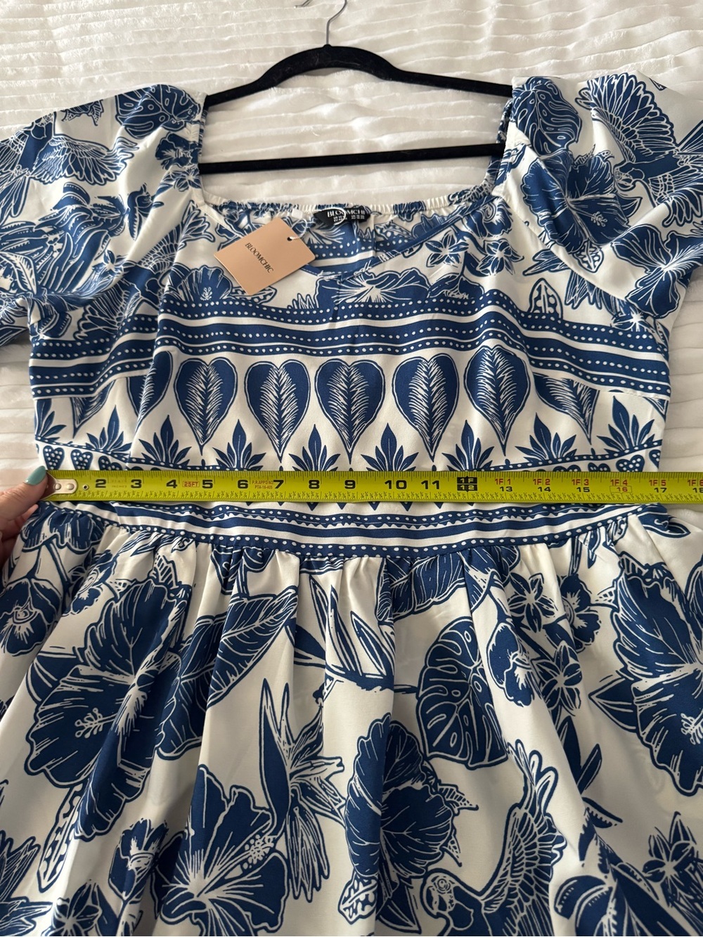 Women’s Tropical Blue and White Floral Fit-and-Flare Dress (With Pockets!) - Picture 4 of 7